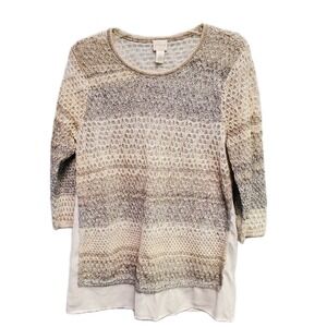 Chico's Woven Back Shirley LS Pullover Sweater Top Gray/Cream Size 1(8)